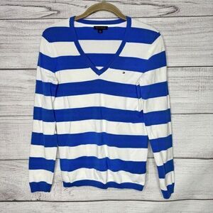 TOMMY‎ HILFIGER V-NECK WHITE BLUE STRIPES SWEATER WOMEN'S SIZE S
